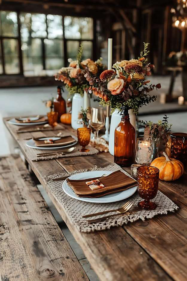 Warm fall table with amber glassware, florals, and pumpkins on a rustic wooden table