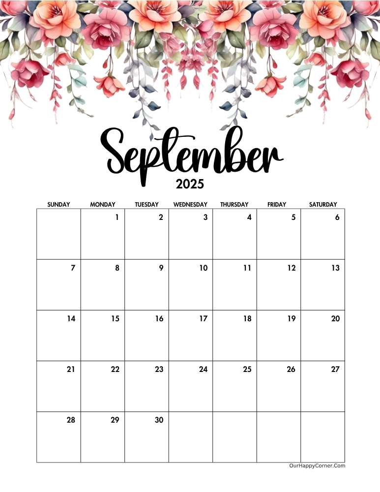 Floral September 2025 calendar