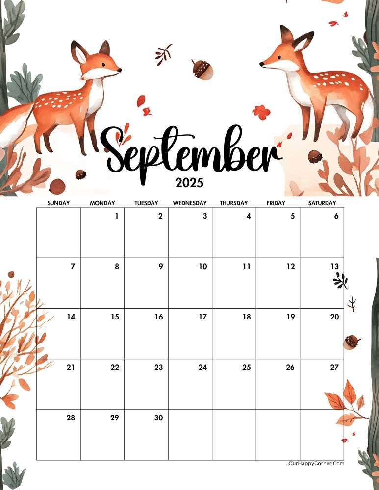 Autumn decorated September 2025 calendar