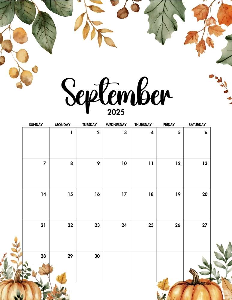 Autumn decorated September 2025 calendar
