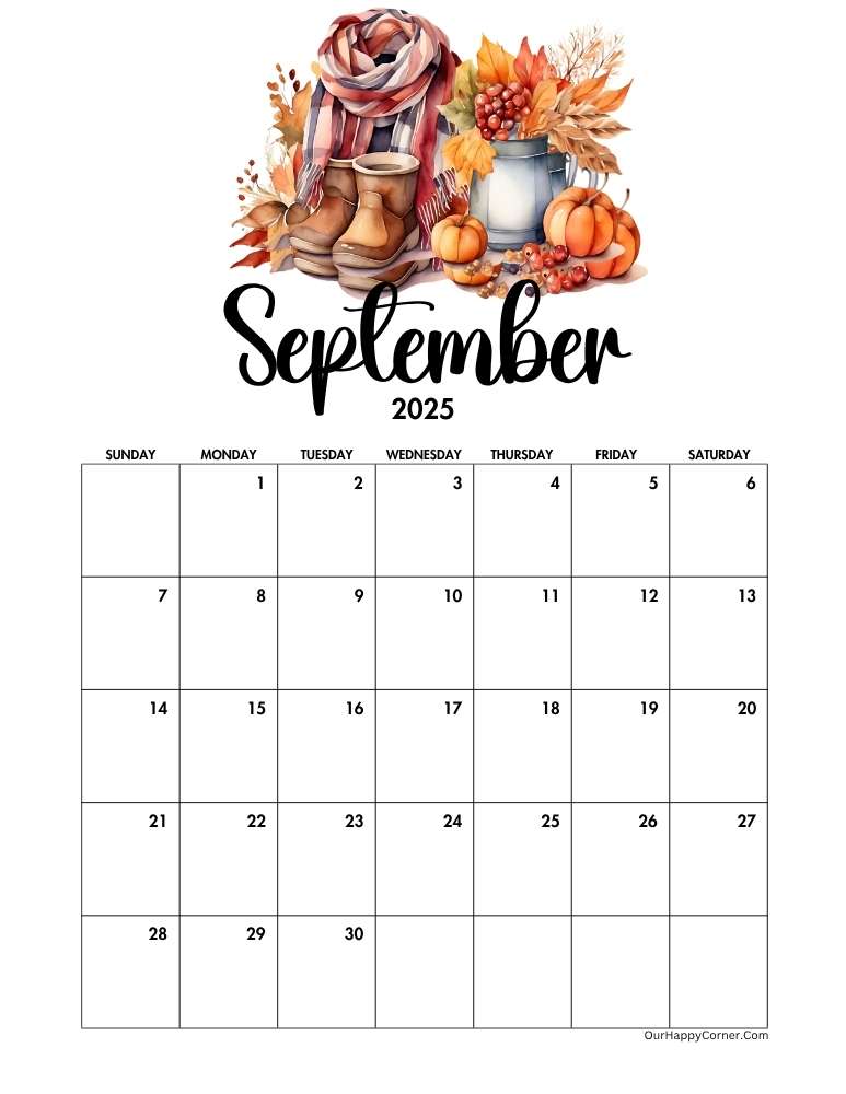 Autumn decorated September 2025 calendar