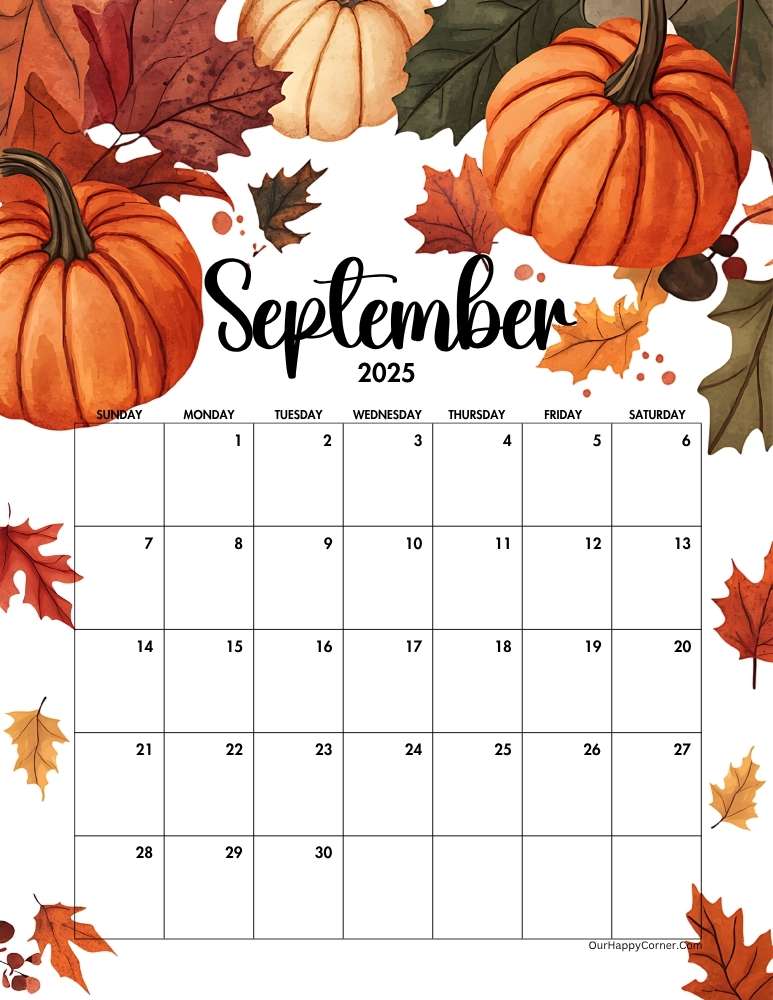 Autumn decorated September 2025 calendar