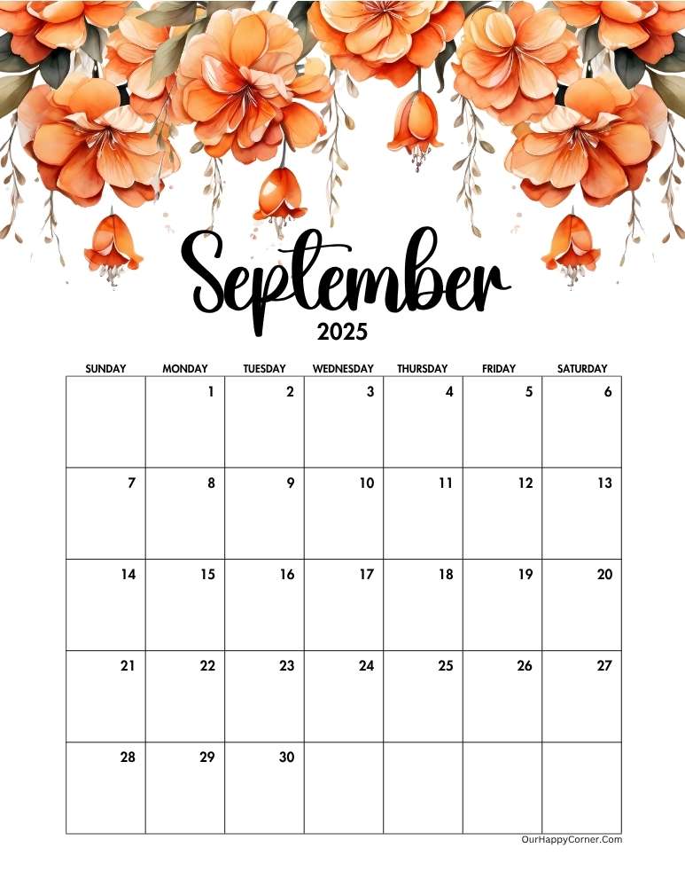 Orange floral September 2025 calendar