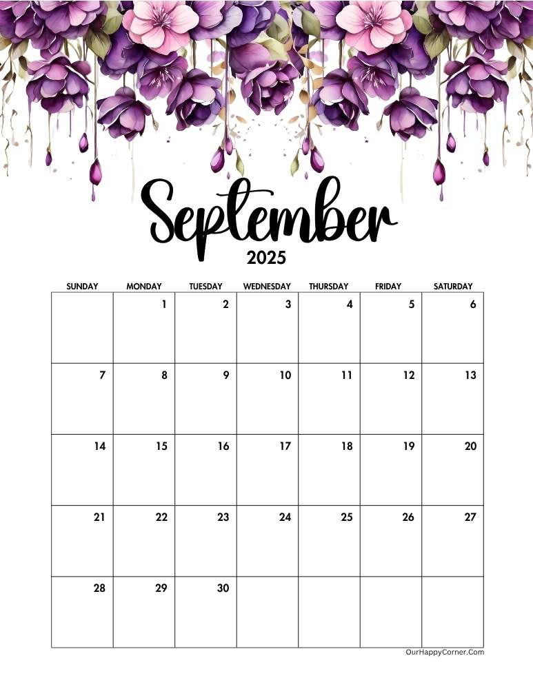 Purple floral watercolor September 2025 calendar