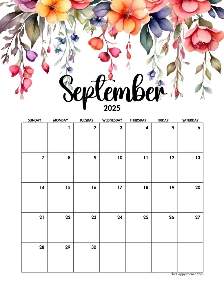 Floral September 2025 calendar