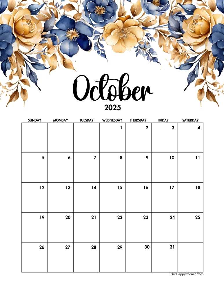 Blue and gold floral October calendar 2025