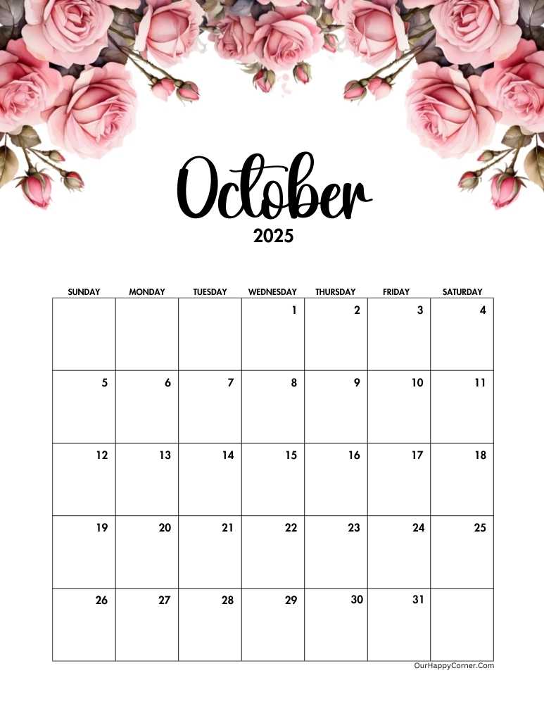 Pink roses monthly calendar October