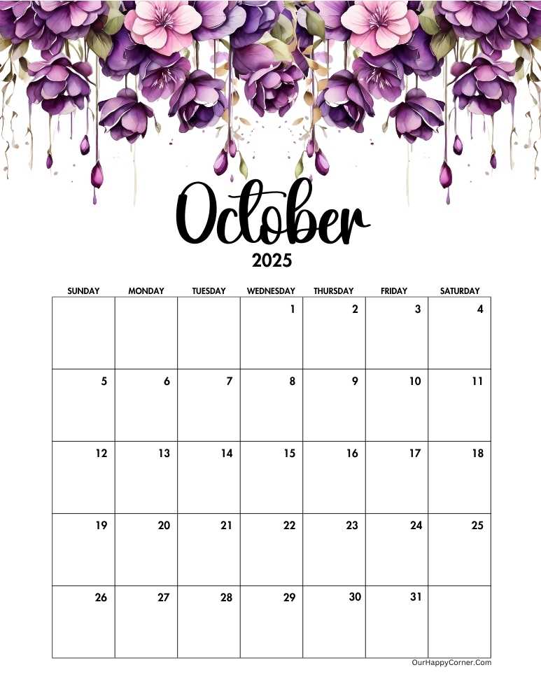 Watercolor floral October calendar 2025