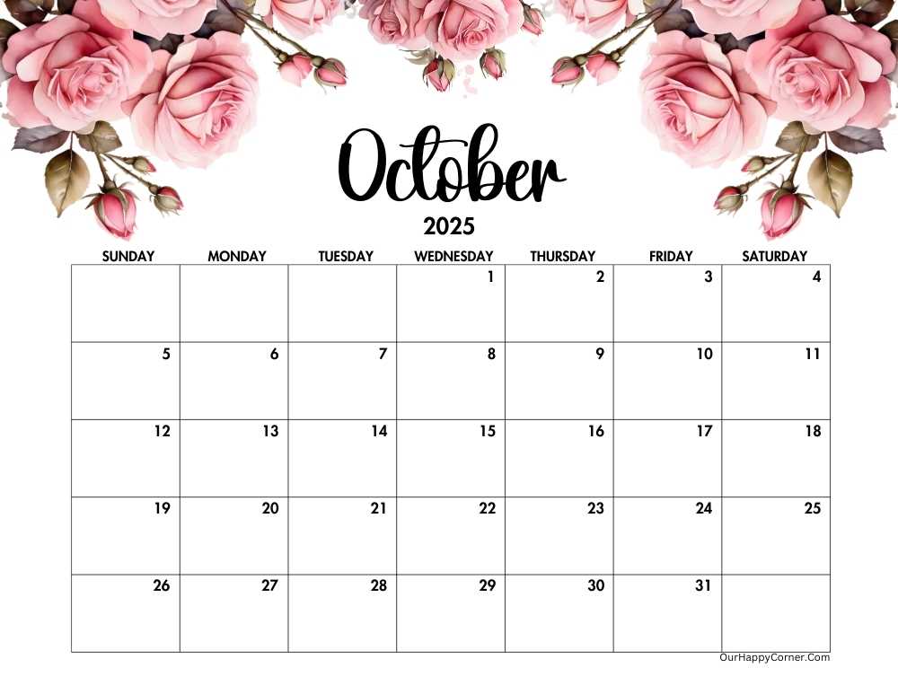Pink roses 2025 horizontal calendar