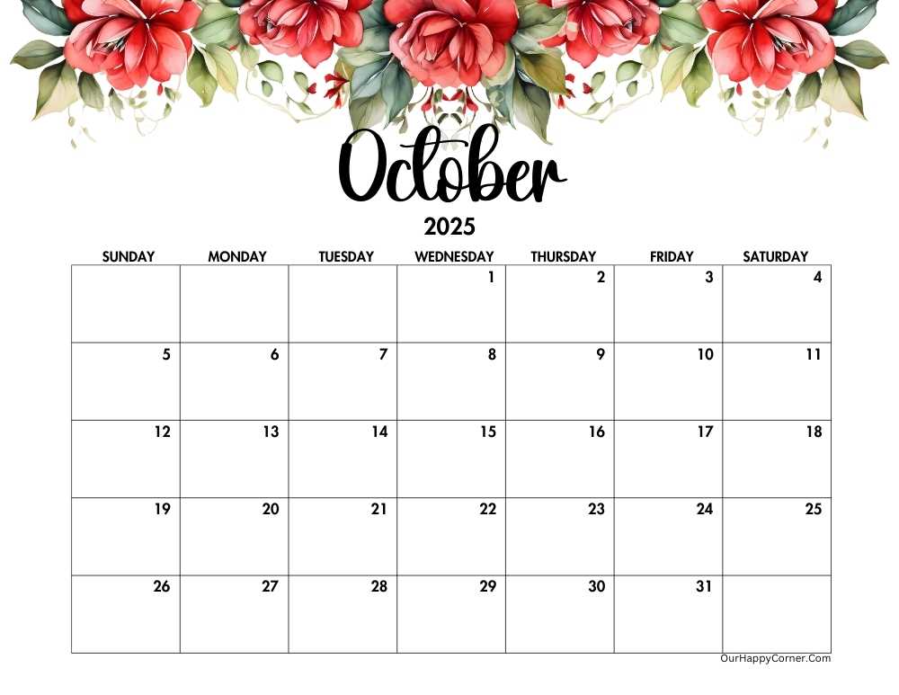 Red floral autumn horizontal calendar