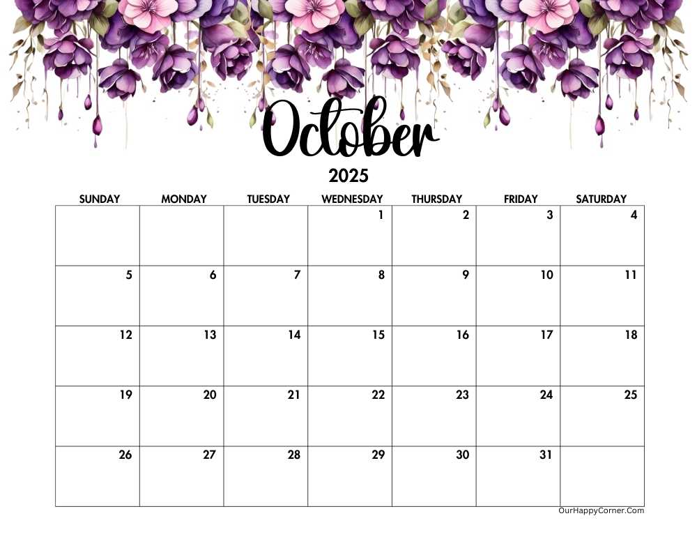 Floral horizontal October 2025 calendar