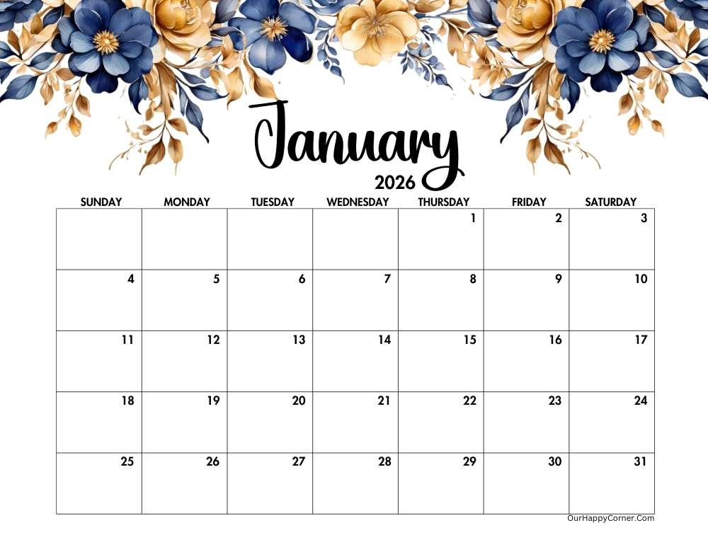 Landscape blue and gold calendar printable for January
