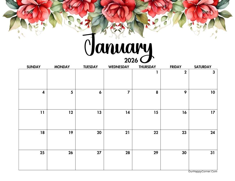 2026 landscape red flowers calendar printable