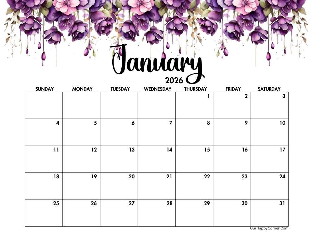 2026 landscape floral calendar printable