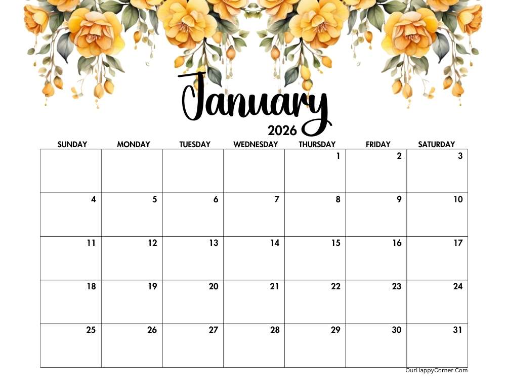 2026 landscape floral calendar printable