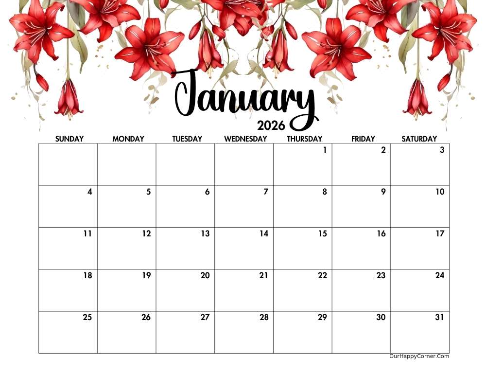 2026 landscape floral calendar printable