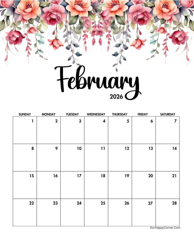 Floral February 2026 calendar printable