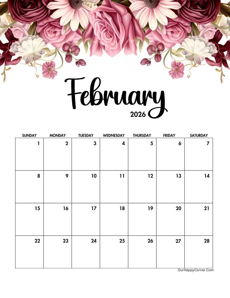Floral February 2026 calendar printable