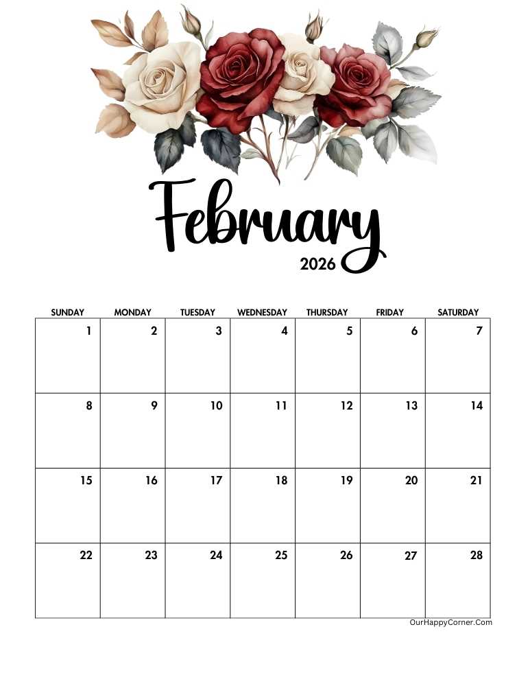 Floral roses February 2026 calendar printable
