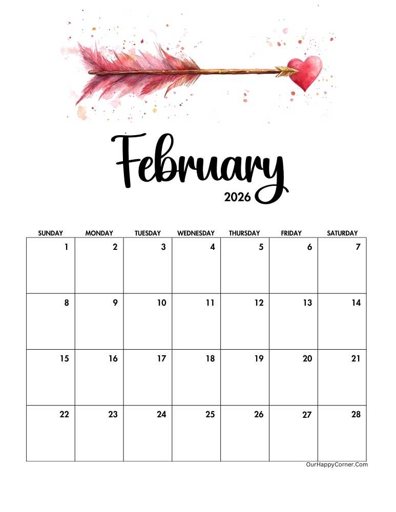 Arrow and heart February 2026 calendar printable