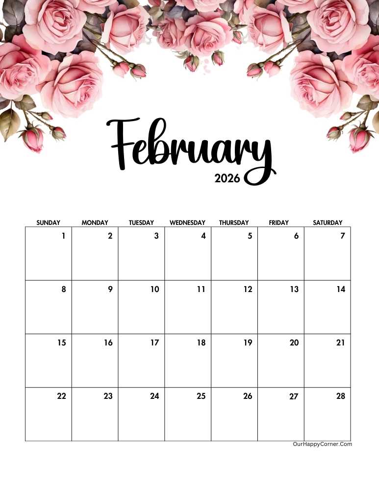 Floral pink roses February 2026 calendar printable
