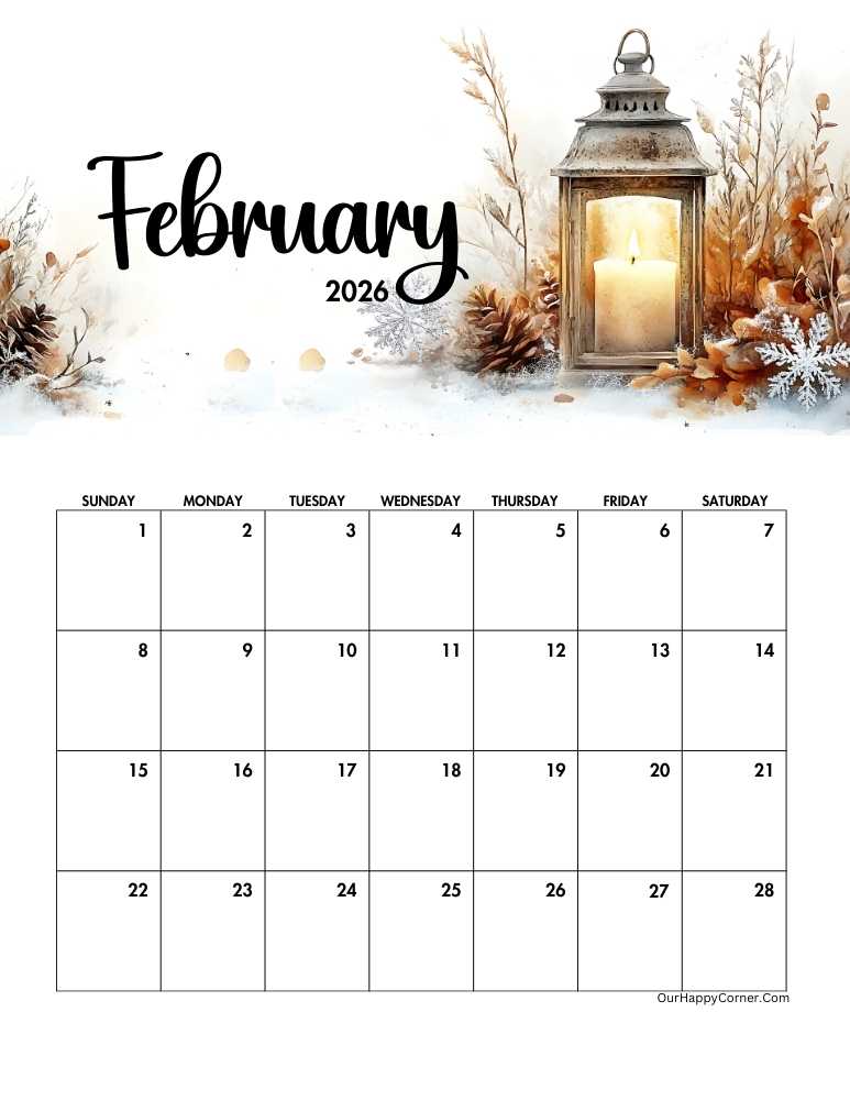Lit lantern February 2026 calendar printable