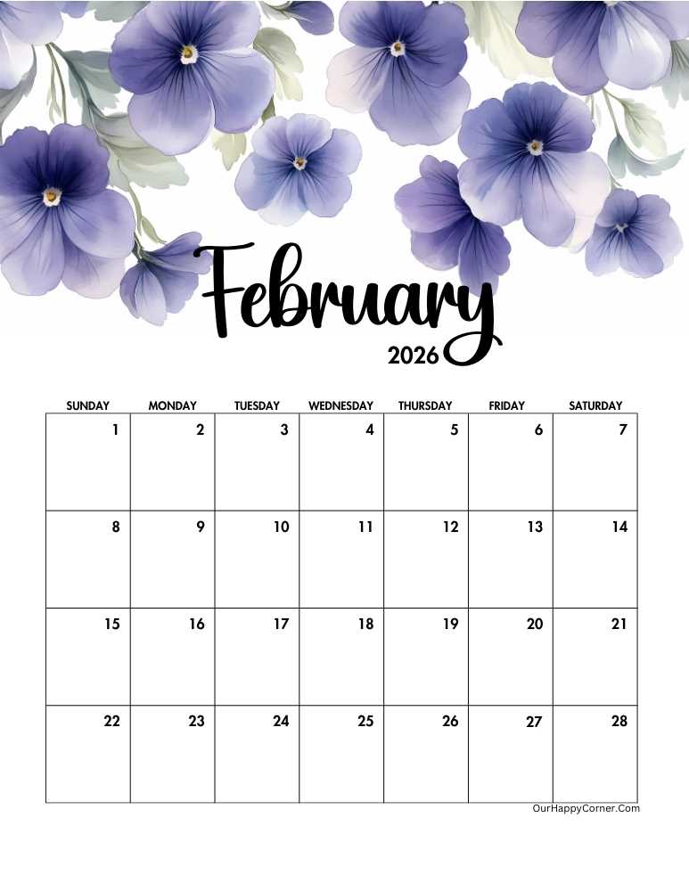 Floral February 2026 calendar printable