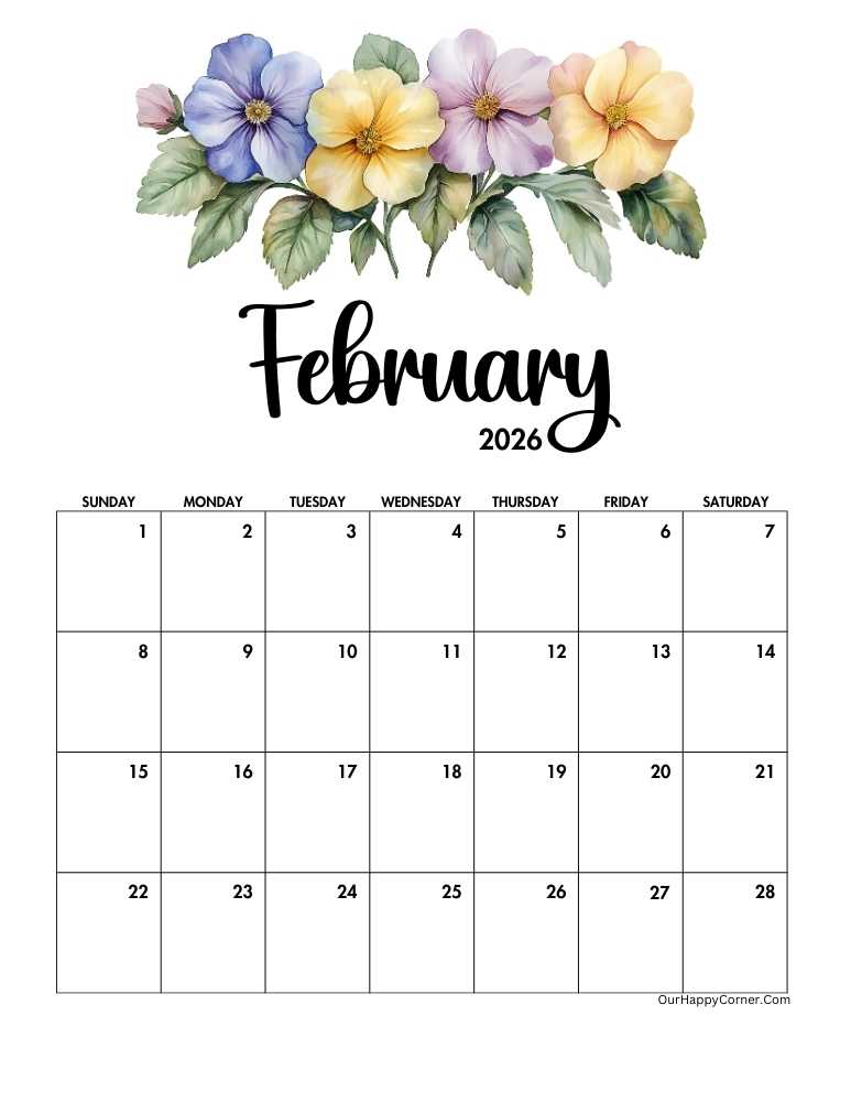 Floral February 2026 calendar printable
