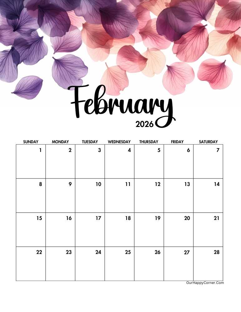 Floral February 2026 calendar printable
