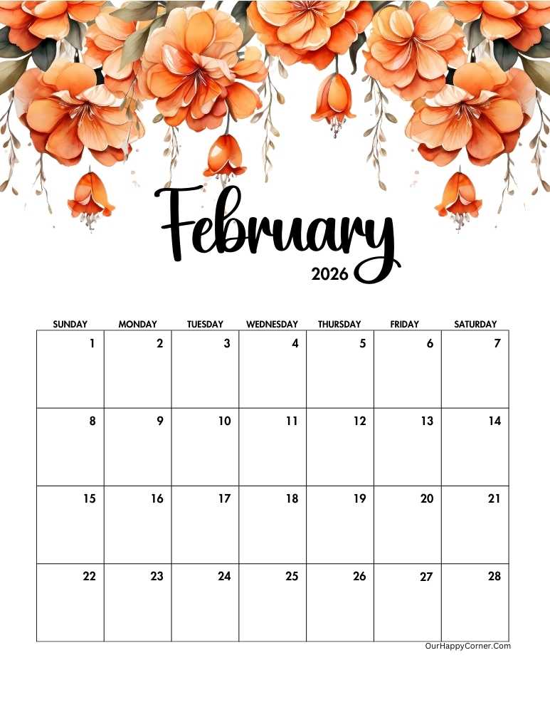 Orange floral February 2026 calendar printable
