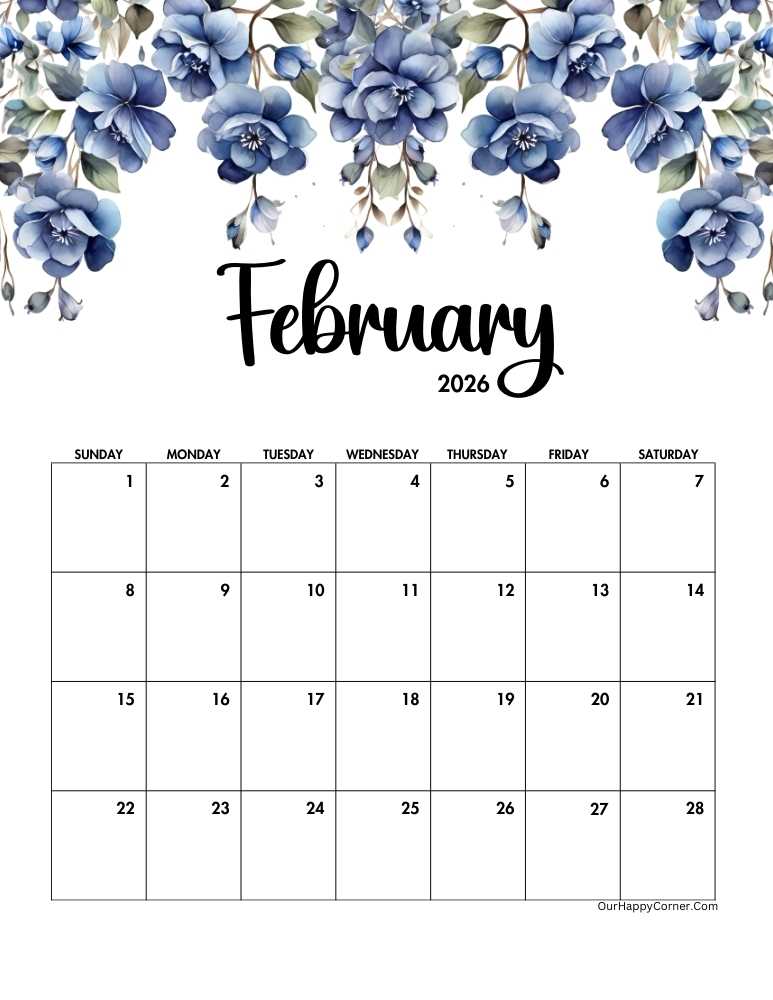 Blue floral February calendar