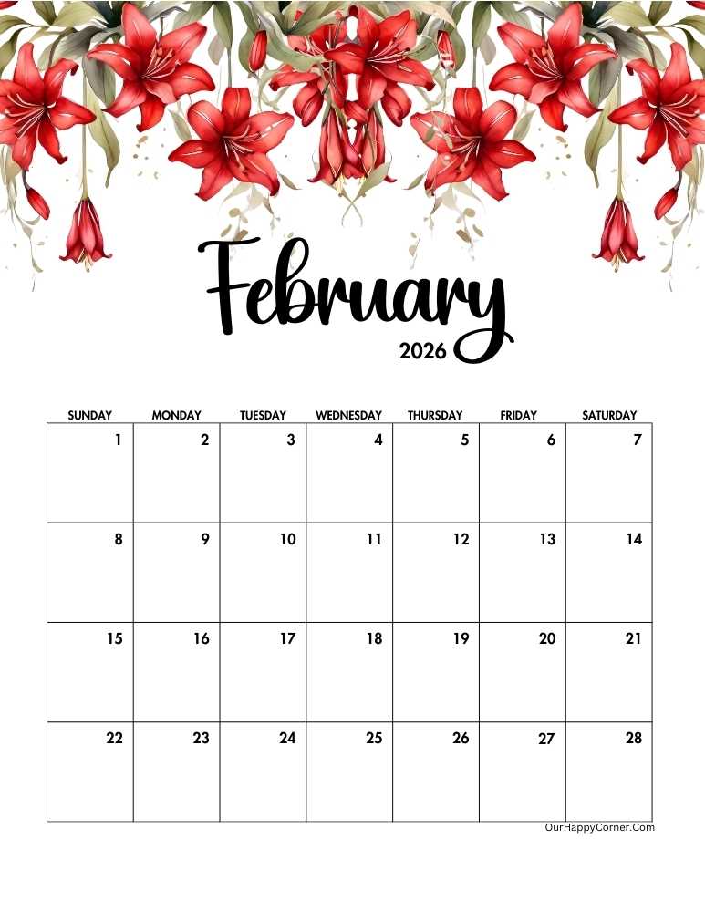 Red floral February calendar