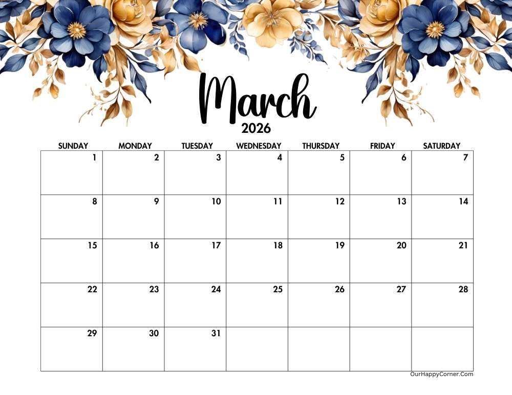 Floral blue and gold March 2026 calendar printable