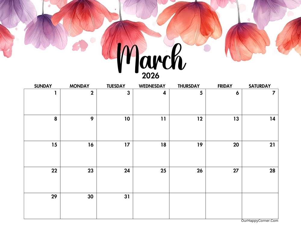 Floral March 2026 calendar printable