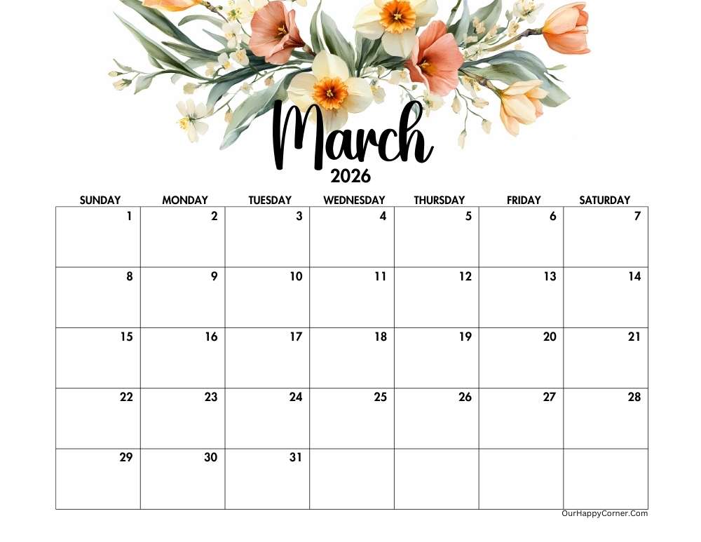 Floral March 2026 calendar printable