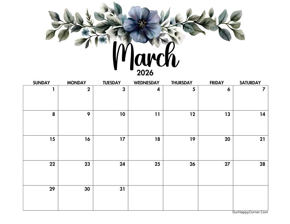 Floral March 2026 calendar printable