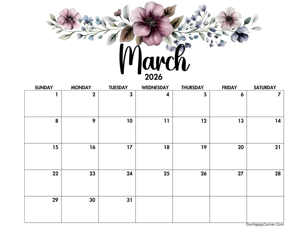 Floral March 2026 calendar printable