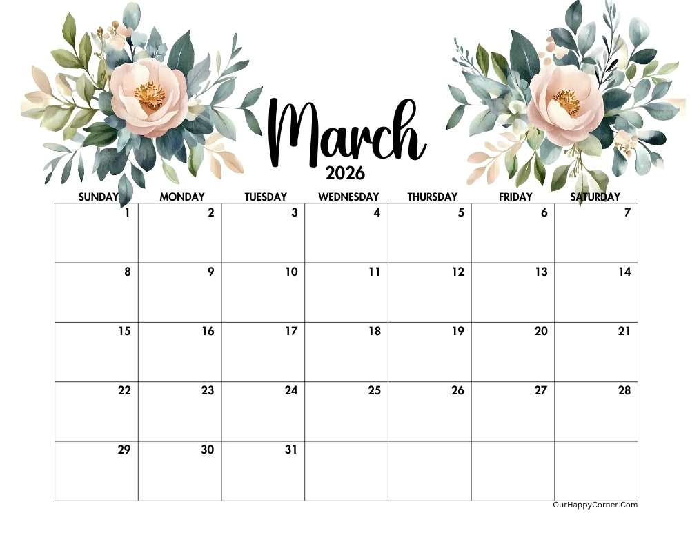 Floral March 2026 calendar printable