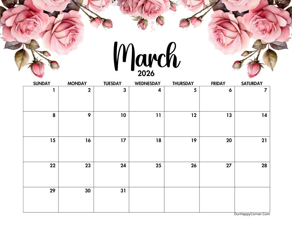 Floral pink roses March 2026 calendar printable