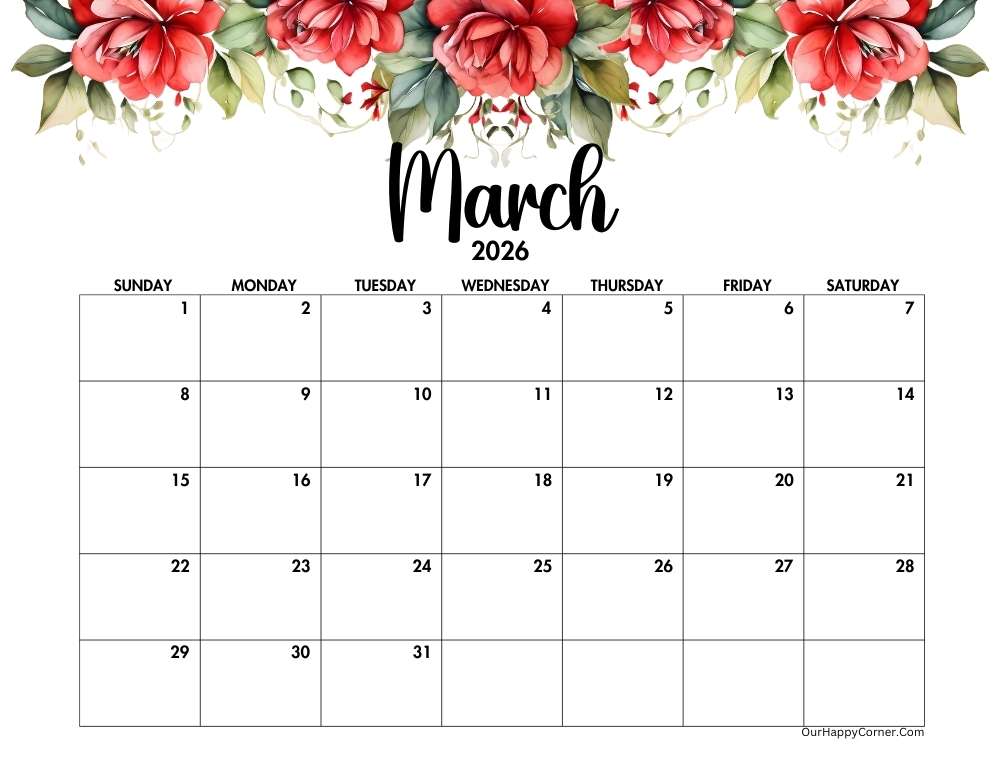 Red floral calendar Sunday start date