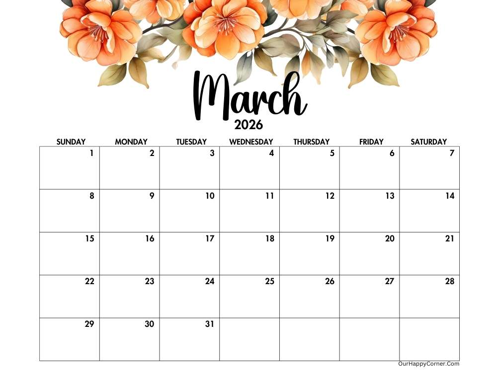 Orange floral March 2026 calendar printable