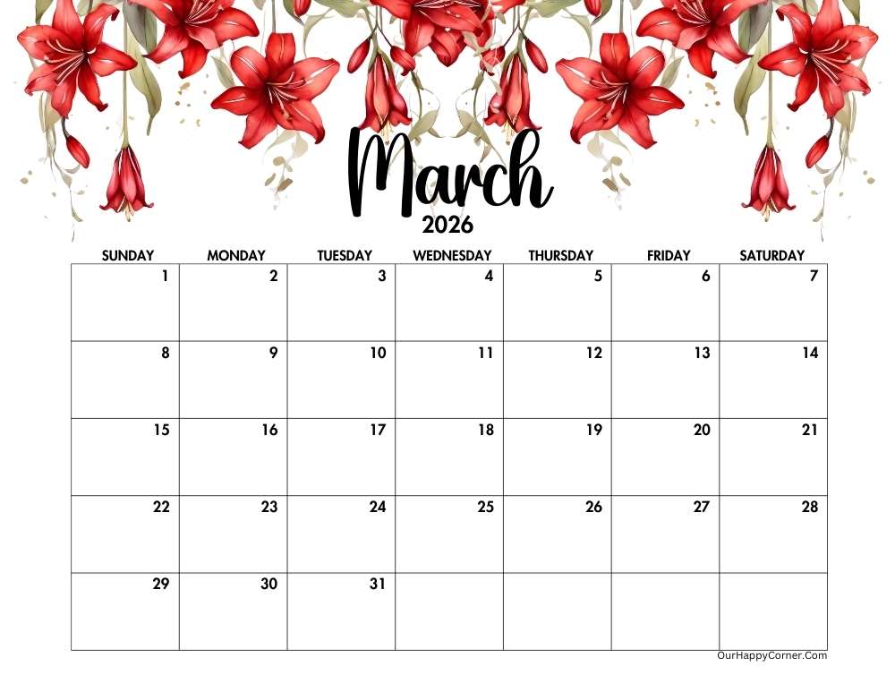 Red floral March calendar