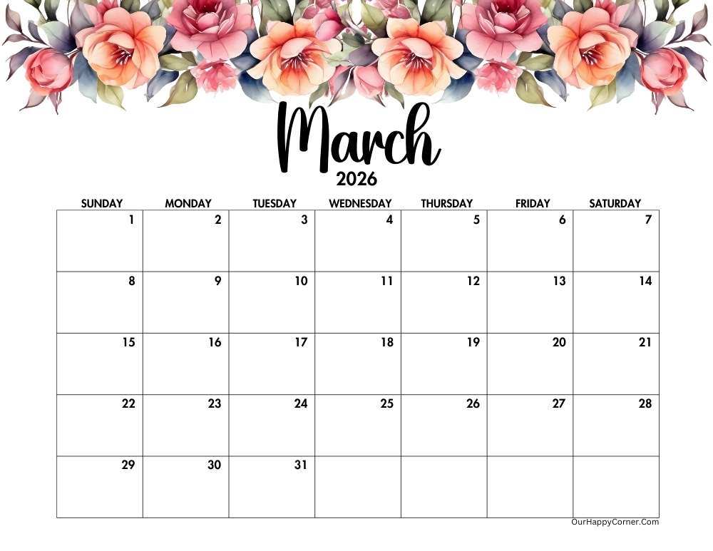 Floral March 2026 calendar printable