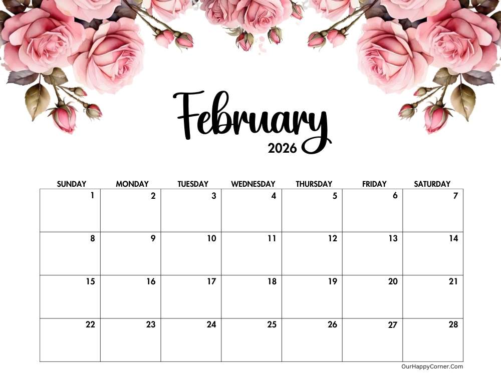 Pink roses landscape February calendar