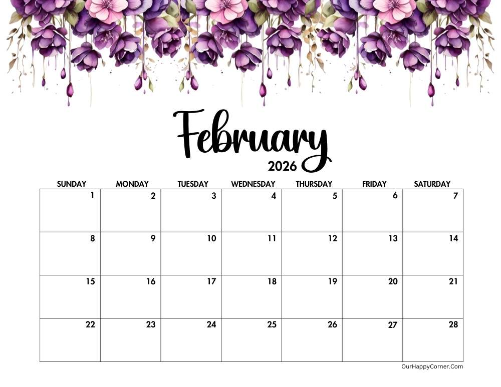 Purple watercolor February 2026 calendar printable