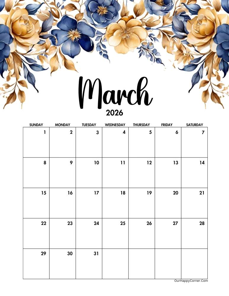 Floral blue and gold March 2026 calendar printable