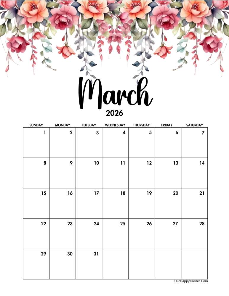 Floral March 2026 calendar printable