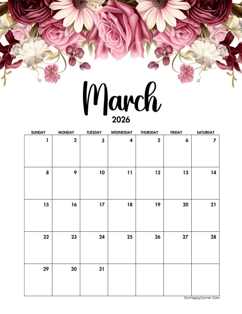 Floral March 2026 calendar printable