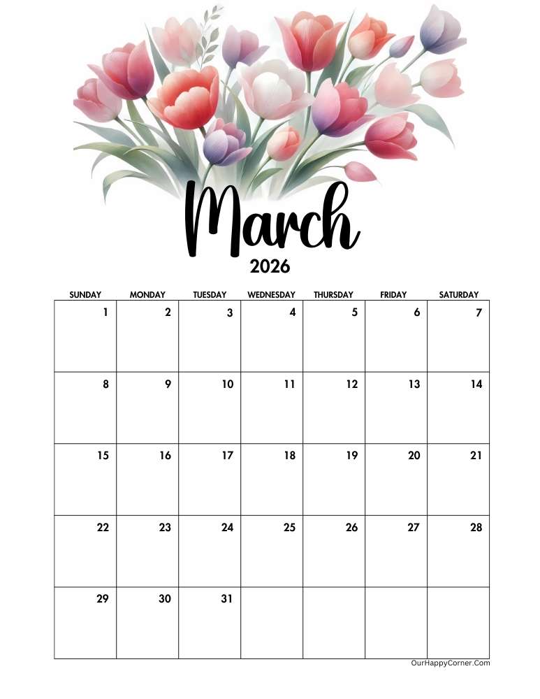 Floral March 2026 calendar printable
