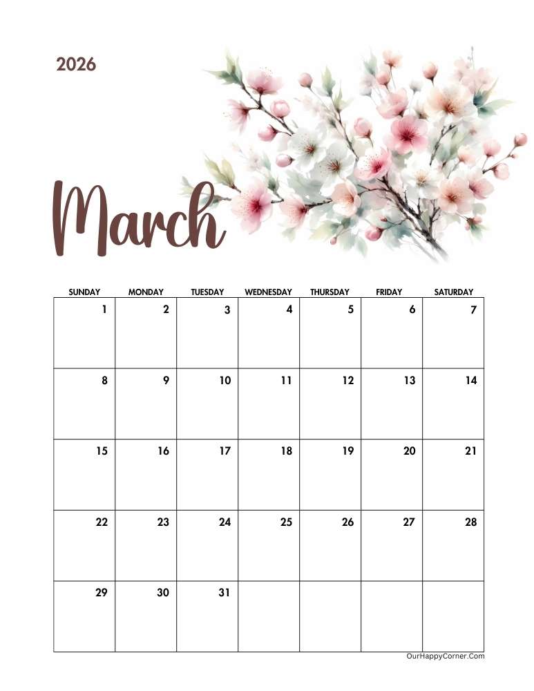 Floral March 2026 calendar printable